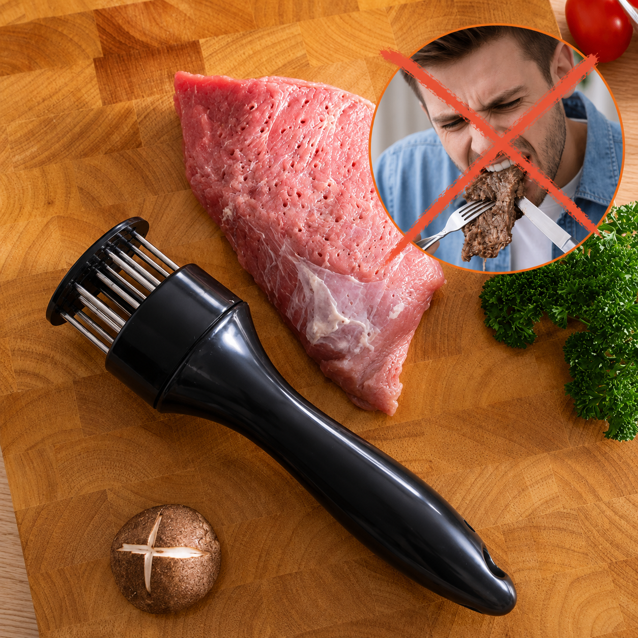 Carne com os canais abertos pelas lâminas do amaciador, com detalhe das agulhas de aço inox