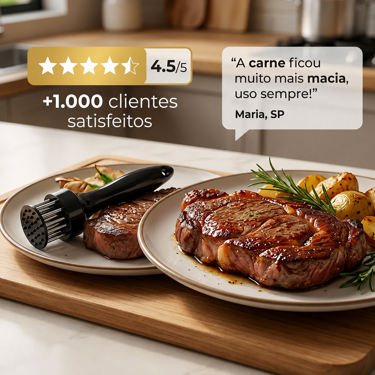 Homem se esforçando para mastigar um bife duro, ao lado do amaciador de carne sobre a tábua
