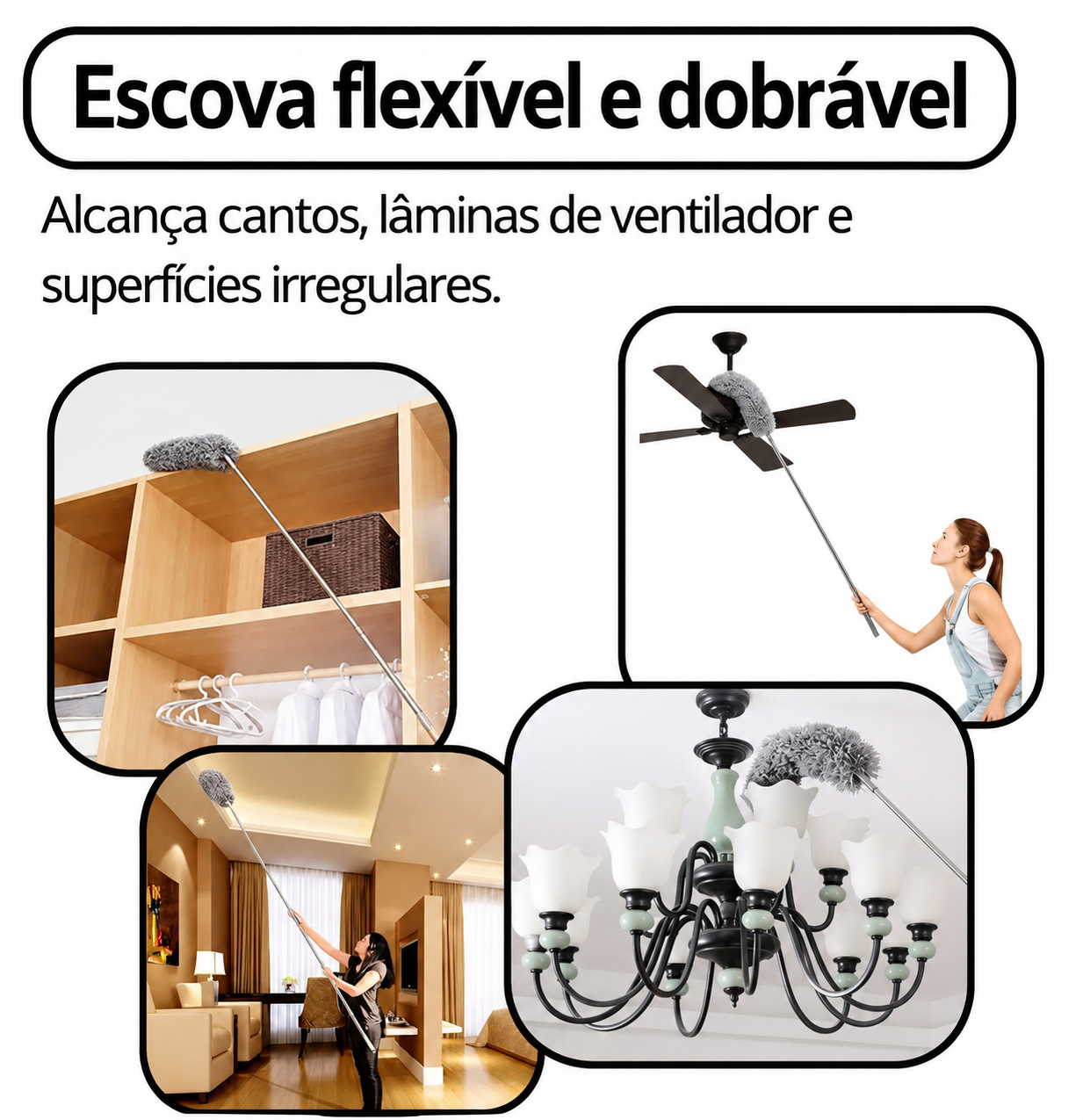 Cabeça flexível e dobrável limpando ventilador, lustre, prateleiras e cantos